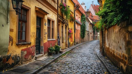 Fototapeta premium Charming cobblestone street with colorful historic buildings, creating a picturesque and inviting atmosphere in a European town.
