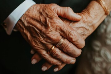 Fototapeta premium Close-up of elderly couple holding hands, showcasing love, companionship, and timeless connection. Symbol of enduring marriage and partnership.