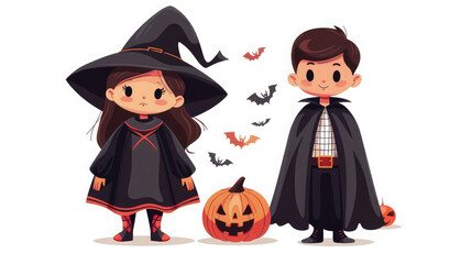 illustration of girl and boy in a witch and wizard costume at a Halloween party, masquerade, holiday, hat, carnival, October 31, All Saints' Day, people, person, face, child, childhood, white, kids