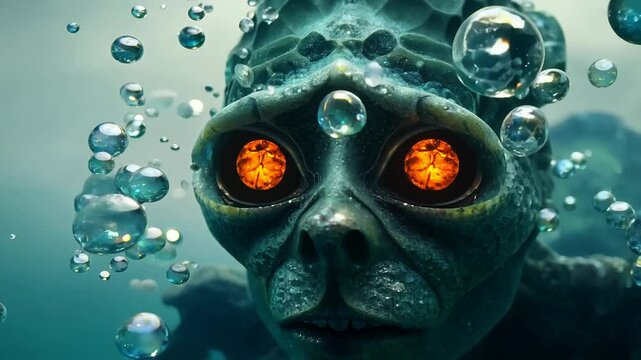 Mystical underwater creature with fiery orange eyes