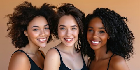 Obraz premium Three joyful and confident women with natural hair represent diversity, empowerment, and friendship. Their unity and happiness symbolize a sense of empowerment and inclusivity among friends