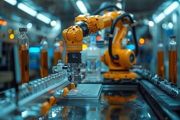 Industrial Robot Arm Filling Bottles on an Assembly Line