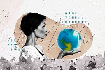 Trend artwork composite image photo collage of ecological system earth planet portrait young lady...