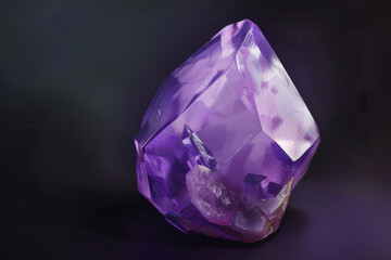 A stunning, large purple crystal glistens against a dark backdrop, encapsulating natural beauty and mystical allure in its intricate facets.
