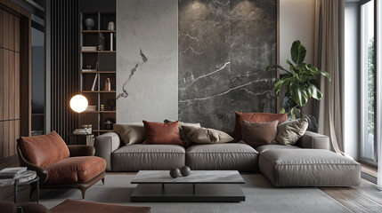 A living room with a large sectional couch and a coffee table