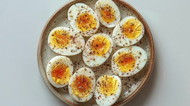 Plate of Seasoned Boiled Eggs on White Background