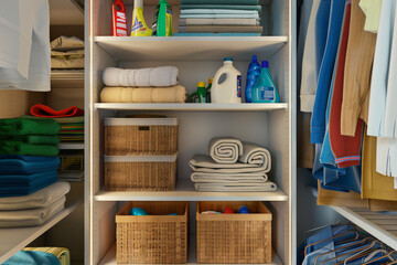 A well-organized storage closet with various cleaning supplies, folded towels, and neatly stacked clothes, emphasizing domestic order and efficiency.