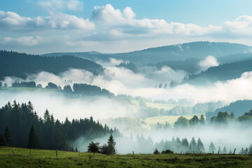 Morning sunlight illuminates a mist-filled valley, revealing lush green hills and forested slopes under a blue sky with rolling clouds.