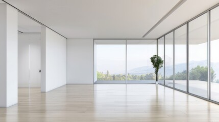 Obraz premium A large, open living room with a white wall and white furniture