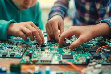 Fototapeta premium A child's hands assemble a complex robot kit, encouraging creativity and STEM skills,
