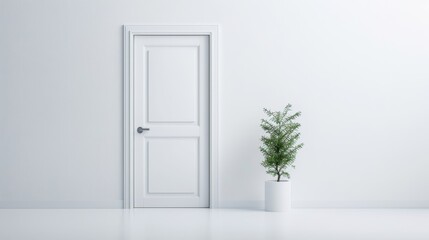 A wooden door with a plant in front of it