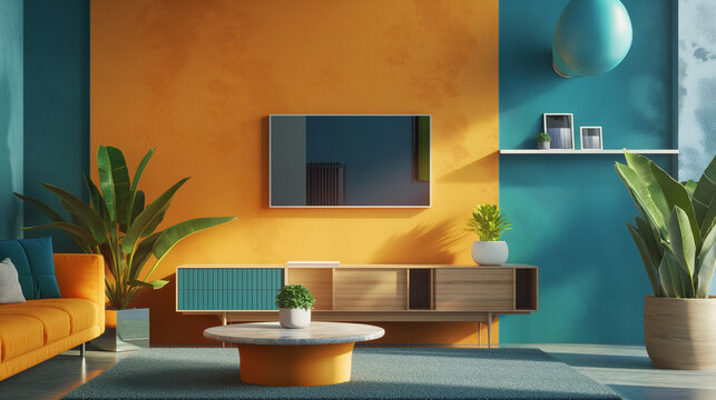 A living room with a blue and orange wall and a large flat screen television