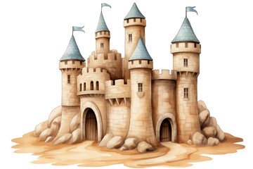 Watercolor painting of a sandcastle.  Sand castle in watercolor style