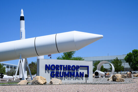 Corrine, UT, USA - June 23, 2024; Northrop Grumman business sign at Rocket Park with blue sky