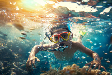 Naklejka premium A young scuba diver explores a lively underwater world, surrounded by corals and marine life, as the sunlight cascades through the water.