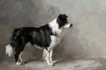 Fototapeta premium Portrait of a black and white collie standing alertly against a softly textured gray background, showcasing its graceful and poised stance.