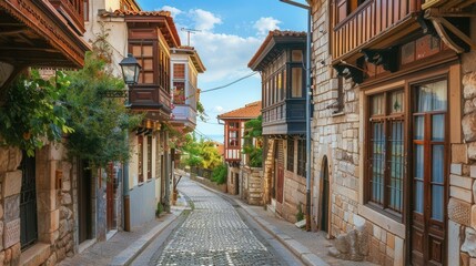 Fototapeta premium Quaint narrow street in a historic village with charming stone and wooden houses under a blue sky.