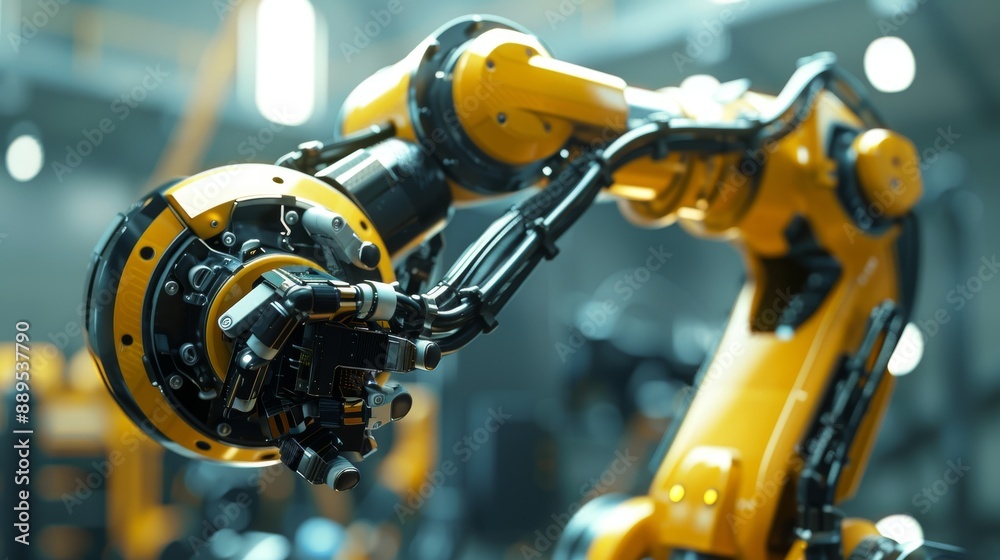 Poster an industrial robot on a high-tech assembly line in a modern factory setting performs tasks on a yel