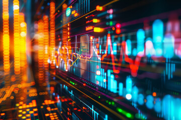 A dynamic display of fluctuating digital graphs and data lines, glowing in vibrant colors, representing the essence of modern technology and financial markets.