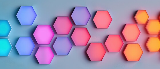 Colorful glowing hexagonal shapes in a modern, futuristic pattern on a light background, perfect for tech and design themes.