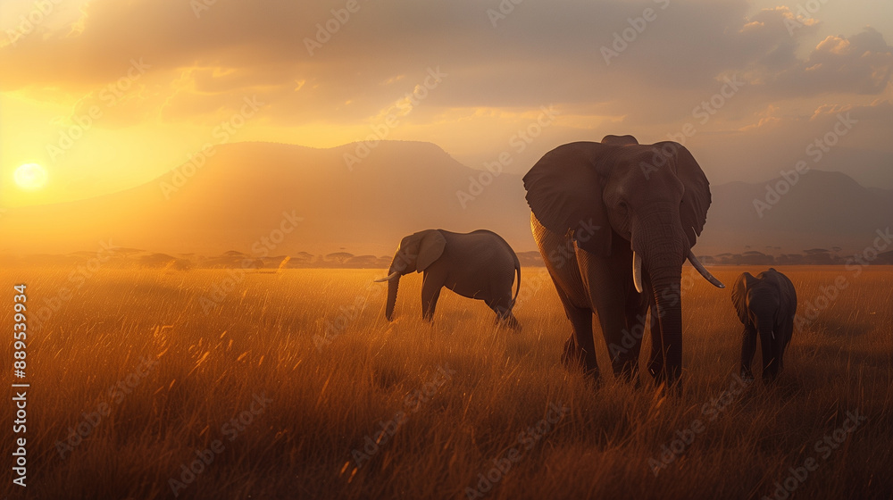 Wall mural elephants walking through the grasslands at dusk