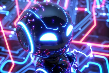 Fototapeta premium The circuit board is surrounded by glowing eyes of a robot