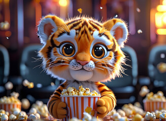 A cute little tiger is eating popcorn