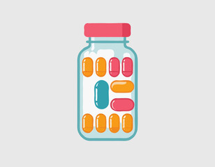 Pill bottle icon in flat style. Medical capsules vector illustration on white isolated background. Pharmacy sign business concept
