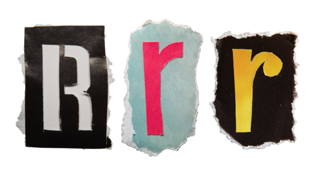 R alphabet torn from a magazine paper. Ransom note style letters.