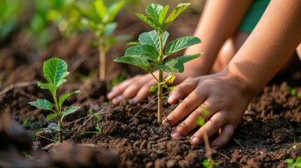 Close-up of hands planting a young tree sapling, symbolizing reforestation and sustainability