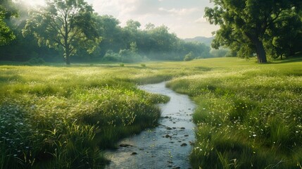 Obraz premium A serene meadow with a gentle stream.