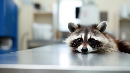 Sad raccoon in a veterinary clinic.