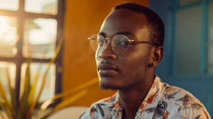 Obraz premium A young man with glasses looks thoughtfully out a window