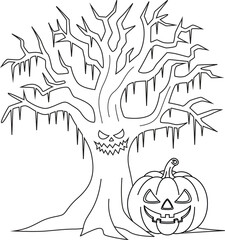 Spooky tree and jack-o'-lantern with a spooky face, Halloween Outline Coloring Page