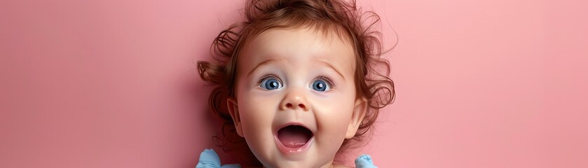 Adorable toddler with open mouth and wide eyes, pink background