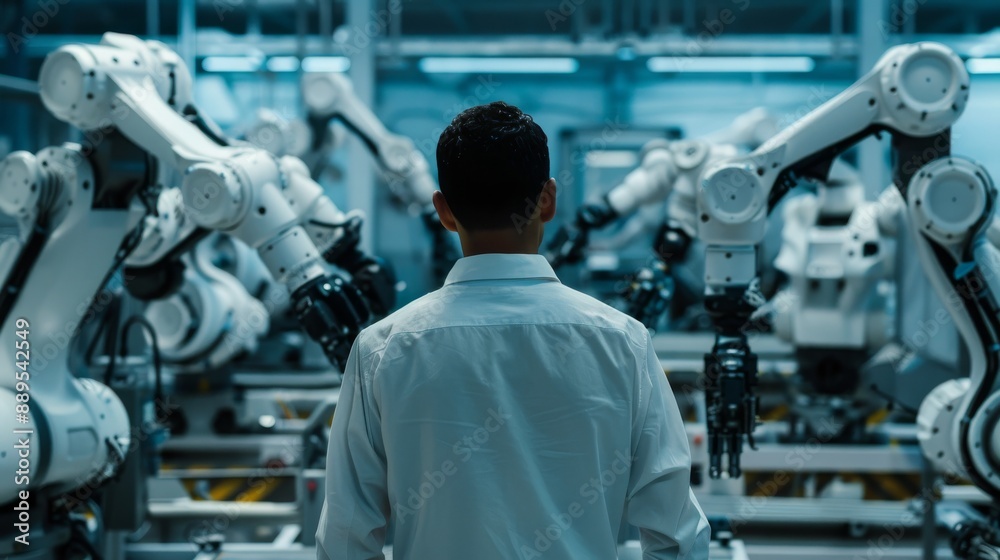 Poster manager engineer checks and controls automation robot arms machines within an intelligent factory in