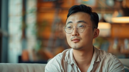A young man wearing glasses sits thoughtfully in a cafe, lost in contemplation