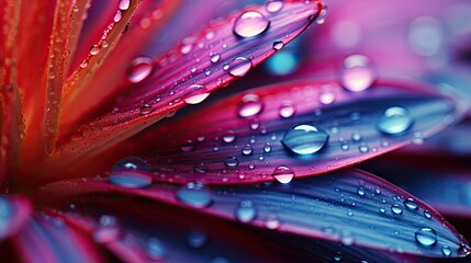 Macro View of Water Droplets on Pink and Blue Flower Petals.