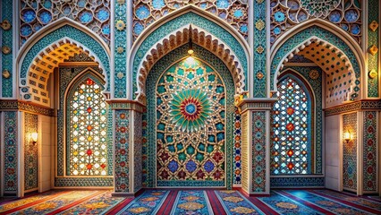 Obraz premium Intricately designed Arabic-inspired mosque 3D relief wallpaper with vibrant colors and geometric patterns, adding luxurious ambiance to modern interior spaces.