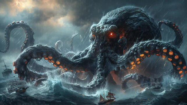 a giant octopus chases the ship