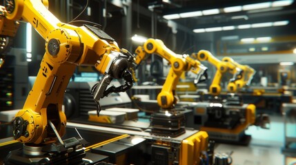 A robot arm works on a production line for automobiles in a futuristic factory