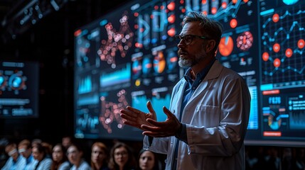 Scientist Presenting Groundbreaking Findings to Engaged Audience in a High-Tech Environment