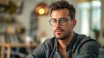 Obraz premium A young man with a beard and glasses looks directly at the camera