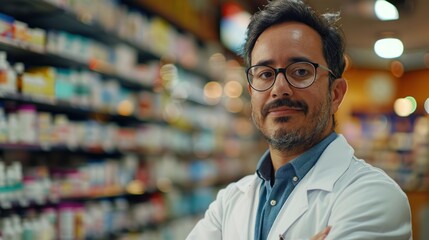 Fototapeta premium A man in a white lab coat stands in front of a pharmacy, looking at the camera. Concept of professionalism and authority, as the man is dressed in a white lab coat and he is a pharmacist