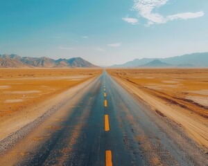 Naklejka premium Endless desert road, smooth asphalt, open landscape, wide view, bright daylight, clear details