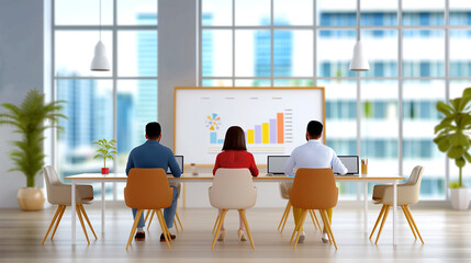 Modern office interior with three colleagues working collaboratively on a project with a city view