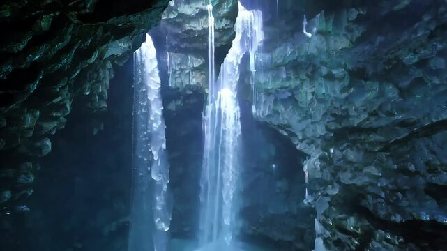 Mystical underground waterfall in cavernous depths