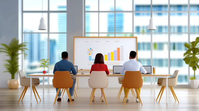 Modern office interior with three colleagues working collaboratively on a project with a city view