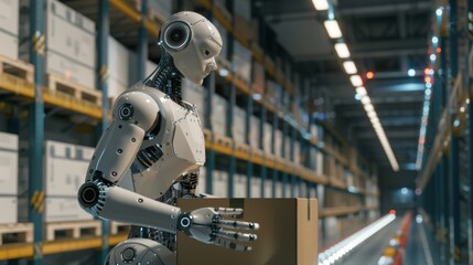 An image shows a robot working in a factory. It appears yellow and humanlike.