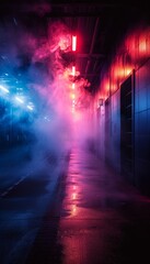 Naklejka premium Dynamic soccer field emerges from neon fog, intensifying sporting spectacle.